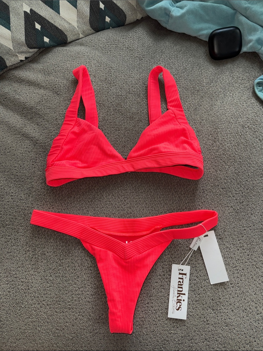 Frankie's Bikinis Neon Coral Ribbed Triangle Two-Piece